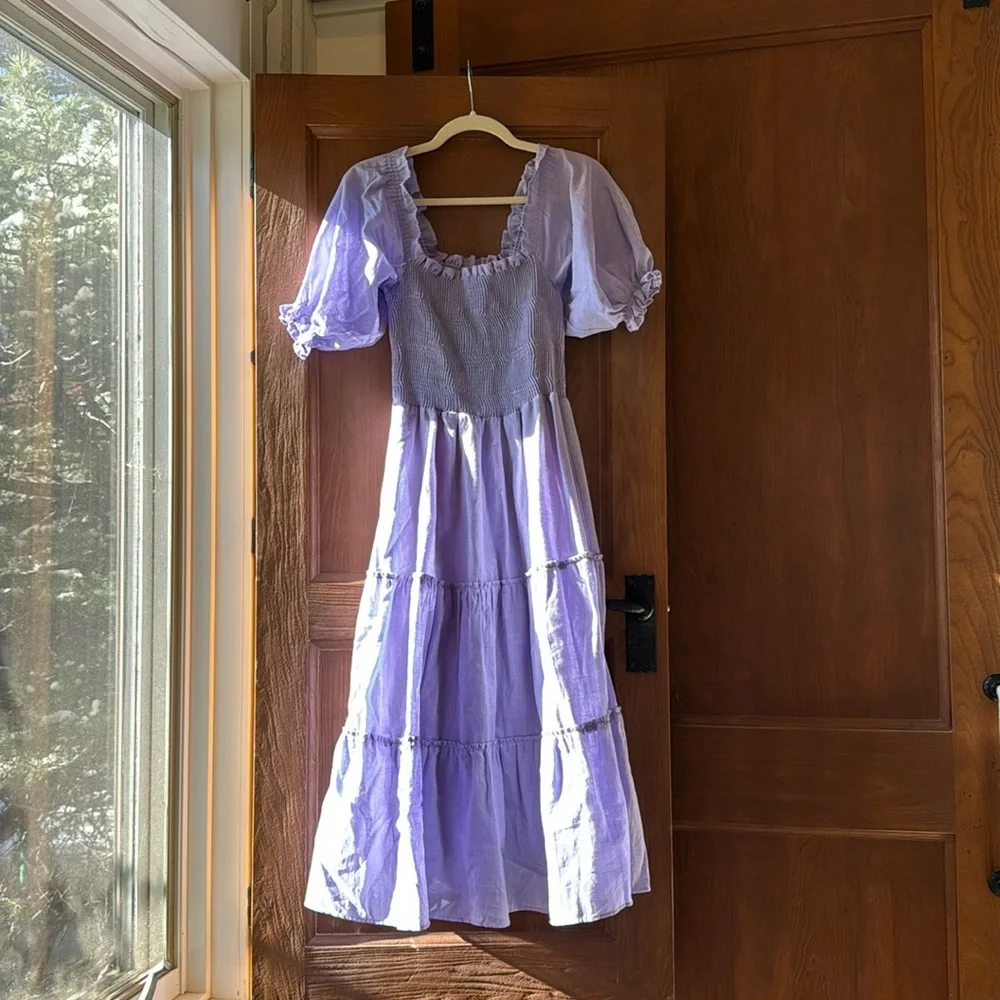 Peixoto lilac / purple smocked bodice puff sleeve dress. Size M. - Picture 2 of 11